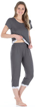 Load image into Gallery viewer, bSoft Women’s Bamboo Knit 2-Piece Lace Trimmed Short Sleeve Top & Capri Pants Pajama Set