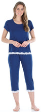 Load image into Gallery viewer, bSoft Women’s Bamboo Knit 2-Piece Lace Trimmed Short Sleeve Top & Capri Pants Pajama Set