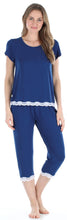 Load image into Gallery viewer, bSoft Women’s Bamboo Knit 2-Piece Lace Trimmed Short Sleeve Top & Capri Pants Pajama Set