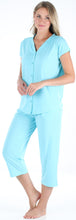 Load image into Gallery viewer, PajamaMania Women's Stretchy Knit Button Up Top and Capri Pajama Set