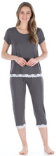 Load image into Gallery viewer, bSoft Women’s Bamboo Knit 2-Piece Lace Trimmed Short Sleeve Top &amp; Capri Pants Pajama Set
