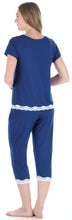 Load image into Gallery viewer, bSoft Women’s Bamboo Knit 2-Piece Lace Trimmed Short Sleeve Top &amp; Capri Pants Pajama Set
