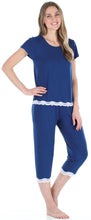 Load image into Gallery viewer, bSoft Women’s Bamboo Knit 2-Piece Lace Trimmed Short Sleeve Top &amp; Capri Pants Pajama Set
