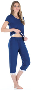 bSoft Women’s Bamboo Knit 2-Piece Lace Trimmed Short Sleeve Top & Capri Pants Pajama Set