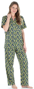 Sleepyheads Women's Poplin Cotton Short Sleeve Button Up Top and Pants Pajama Set