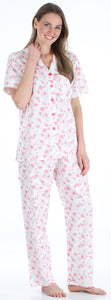 Sleepyheads Women's Poplin Cotton Short Sleeve Button Up Top and Pants Pajama Set